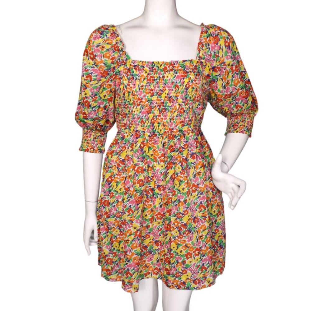 RIXO FOR TARGET Mini Dress, M, Multicolor Floral, Smocked bust/Cuff, Pockets